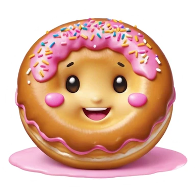 Cinematic tiny happy donut, round and fluffy, golden brown with pink icing and sprinkles, tiny adorable face with blushing cheeks, warm glowing background. sticker