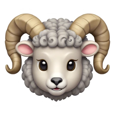 Cinematic Cute Ram Portrait Emoji, Head tilted playfully and inquisitively, featuring a dense, woolly grey fur with charming curled horns, round, sparkling dark eyes filled with curiosity, Simplified yet irresistibly adorable features, highly detailed, glowing with a warm, friendly glow, high shine, affectionate and spirited, stylized with a touch of rugged whimsy, bright and endearing, soft glowing outline, capturing the essence of a mischievous yet loving ram, so playful it feels like it could butt its way out of the screen and into your arms! sticker
