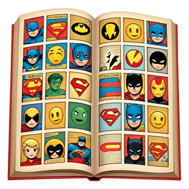 detailed and vintage-inspired emoji representing comic books and graphic novels as a storytelling art form. a large, open comic book with pages filled with classic American comic book panels. classic feel of old-school comic books a graphic novel. background transparent sticker