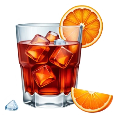 A short glass with bright red Negroni, ice cubes, and an orange wedge on top. sticker