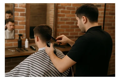 yuzi ko'rinmasin sartaroshxonada ishlayotganini tasvirlab ber mijozlarni sochini olayotganini sticker