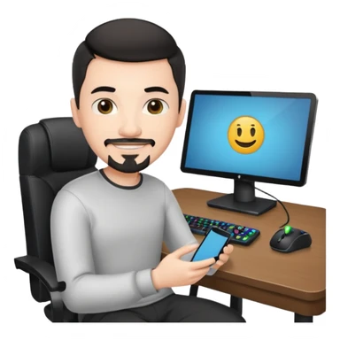 a setup of a youtuber, white skin, thin goatee, black short hair, with a desktop pc on a table, a gaming chair, microphone, no headset phone sticker