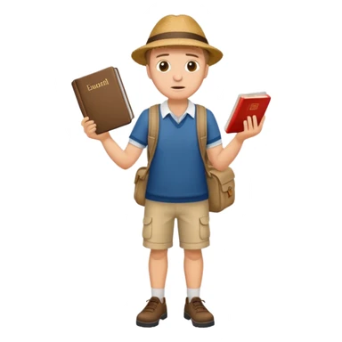 confused tourist full body, normal clothes, with a German dictionary sticker