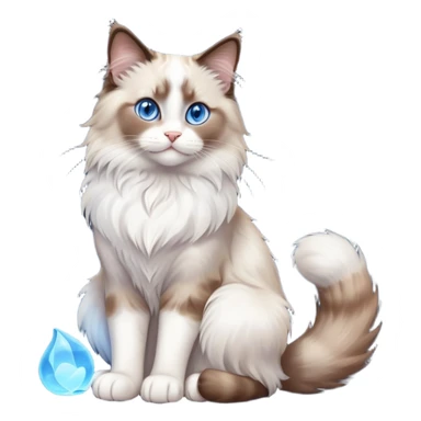 cinematic-[brown and white ragdoll cat]-realistic-full-body-sitting-emoji,-tail-curled-playfully-around-its-paws,-head-tilted-dramatically,-fluffy-[brown and white]-fur,-simplified-yet-realistic-focused-features,-highly-detailed,-glowing-with-an-almost-sarcastic-glow, with blue eyes sticker