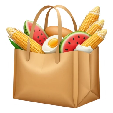 Paper grocery store bag filled with corn cobs, bread loaf, watermelon slices, eggs, and milk sticker