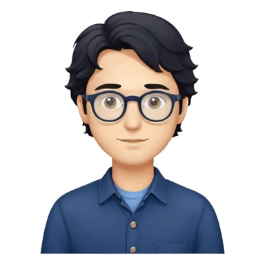 Upper body only of young caucasian man with longer wavy black hair, round glasses, wearing comfortable dark blue buttoned shirt sticker