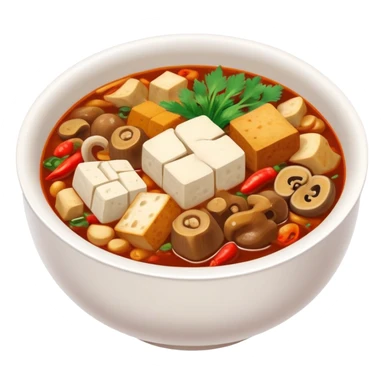 Chengdu Maocai spicy assorted ingredients in bowl, simplified emoji style with bold outlines and bright colors, cartoon style Sichuan street stew sticker