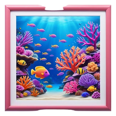 Cinematic Realistic Coral Reef Emoji in a wooden frame, Vibrant and alive, with colorful corals in hues of pink, purple, and orange, swaying gently with the underwater currents. Schools of tropical fish dart between the coral, with soft rays of sunlight piercing through the clear blue water above, creating a magical, serene underwater world. Soft glowing outline, capturing the essence of the bustling, colorful, and peaceful aquatic paradise. sticker