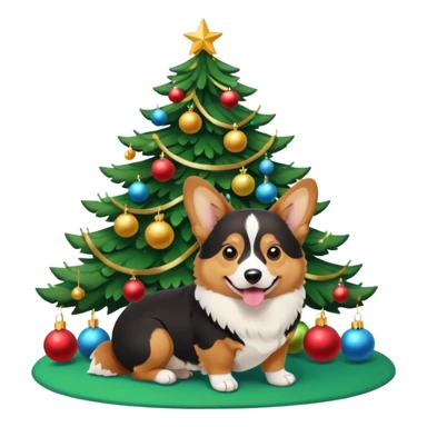 black tricolor corgi with no tail and christmas tree next to it sticker