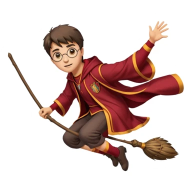 Cartoon-style illustration of Harry Potter flying on a broomstick, Gryffindor red and gold outfit, expressive face, dynamic motion, magical vibe, smooth shading, vibrant colors, no background, transparent background, isolated character. sticker