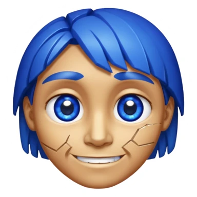 A single sapphire-blue faceted rock head, chunky and worn, with very visible big cracks and chipped facets but still shiny, big kind eyes and a confident smile sticker