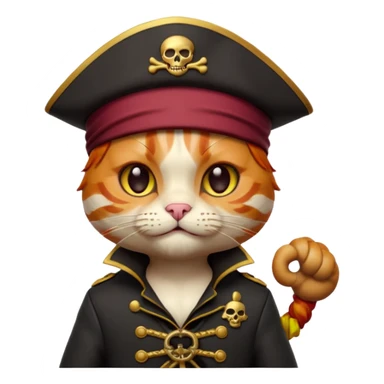 Premium 3D emoji icon of a cute ginger cat pirate, wearing a **burgundy red** pirate hat with a gold skull icon, and a black and gold captain's jacket. Glossy finish, claymorphism style, soft studio lighting, isolated on white background, 8k resolution, stylized professional look --v 6.0 sticker