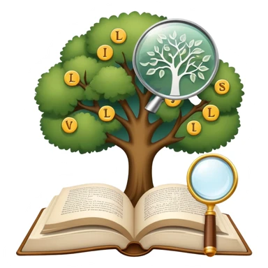 An icon featuring an open book, a speech bubble, and a linguistic tree, symbolizing philology and linguistics. The design includes alphabets, language symbols, and a magnifying glass, representing the study of language, structure, and meaning. Transparent background sticker