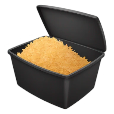 Black cubic plastic container with wood shavings inside sticker