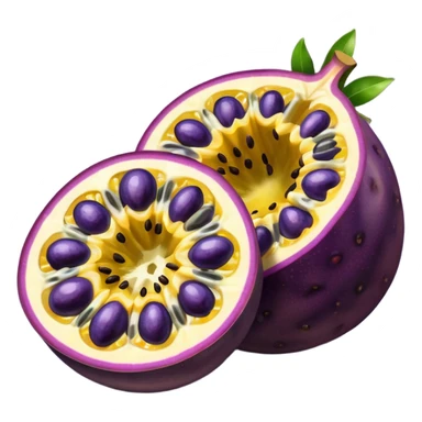 whole round purple passion fruit with slightly wrinkled matte skin next to halved piece showing vibrant yellow pulp with glossy black seeds juicy jelly-like texture bold contrast between rind and interior no leaf spoon or extras soft lighting subtle shadows emoji scale sticker