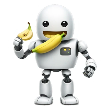 Smiling robot holding a banana sticker