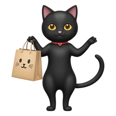 A cute black cat standing on two legs, happily running while holding a shopping bag. Minimalist emoji style, clean vector look, soft colors, rounded shapes, and expressive face sticker