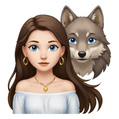 A pretty white girl with brunette hair blue eyes  thin gold hoop earrings and a matching gold necklace in a white shirt that cuts off the shoulders her hair is long and she has a wolf cut sticker