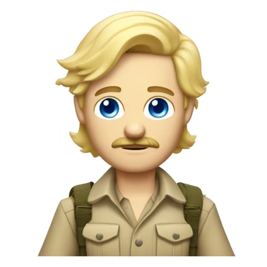 Blonde blu eyed man with mustache in safari outfit and rifle sticker