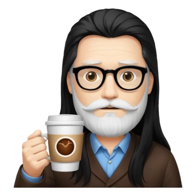 men with white bearded long black hair  with opticals  on holding coffee cup sticker