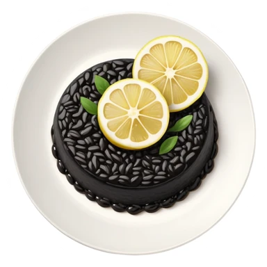 cinematic-realistic-black-risotto-dish,-showcasing-dramatic-lighting in a white plate with a single slice of grilled lemon on top sticker