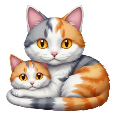 grey and white cat cuddling a colourful light patched calico + white tabby cat sticker