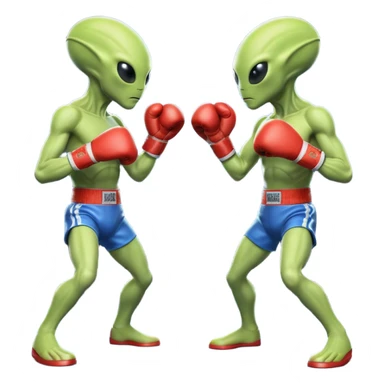 two aliens boxing in a fight stance, facing each other with raised gloves, dynamic action pose, intense expressions, sci-fi arena vibe, 3D cartoon style, mobile game icon style, clean background, no text, no watermark
 sticker