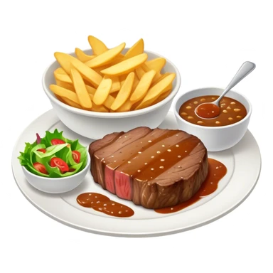 big juicy australian steak meal featuring chips, small salad in a ramikan and gravy in a small bowl on the plate sticker