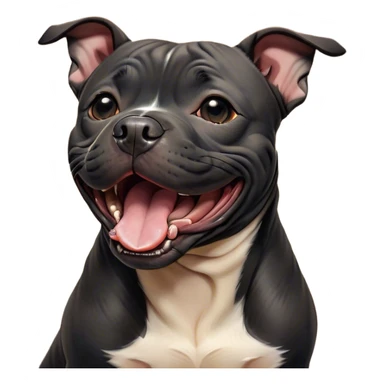 Cinematic Cute Yawning Black/Brindle Staffordshire Bull Terrier Portrait Emoji, Head tilted slightly with a dramatic, wide-open yawn, showcasing a smooth Fur with a striking black and brindle pattern, floppy ears slightly drooping, round dark eyes barely open in drowsy contentment, Simplified yet irresistibly adorable features, highly detailed, glowing with a soft, cozy glow, high shine, relaxed yet expressive, stylized with a touch of whimsy, bright and endearing, soft glowing outline, capturing the essence of a sleepy yet affectionate guardian, so drowsy it feels like it could stretch right out of the screen and curl up for a nap! sticker