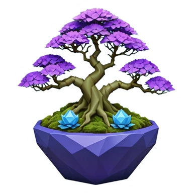 Futuristic wild glowing alien moss maples Bonsai hair-fine-leaf group multi faceted intricate crystal inspired boxwood purple rose blue informal rocky cliffhanger eight trees forest planting in shallow origami slab style pot with big anthropomorphic feet  sticker