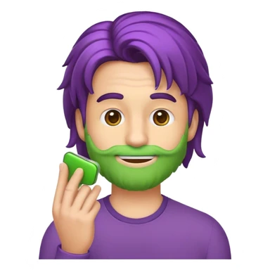 Crie um emoji de um homem com cabelo espetado roxo, fazendo careta e mostrando o dedo do meio com ambas as mãos. Ele deve usar um agasalho verde com listras brancas nos ombros. Use as cores vibrantes e o estilo do emoji original. sticker
