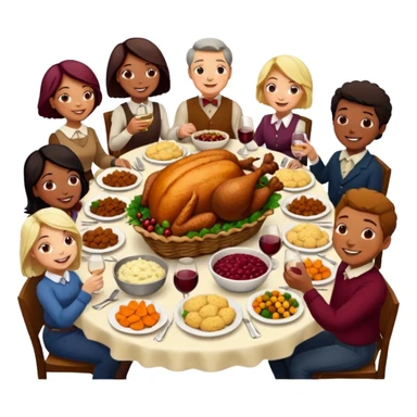 Thanksgiving Dinner with 10 people of different skin color around the table; have the food be a cooked turkey, mashed potatoes, corn, a basket of biscuits, a small bowl of cranberry sauce, baked yams, steamed vegetables, and a bottle of wine. sticker