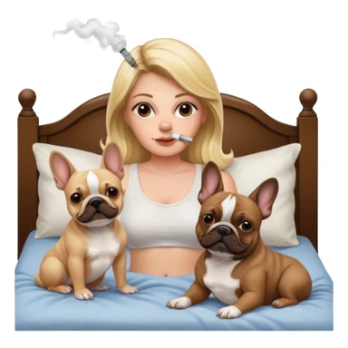 Cannabis bong smoking blonde in bed with brown and white French bulldog and dark brown French bulldog sticker