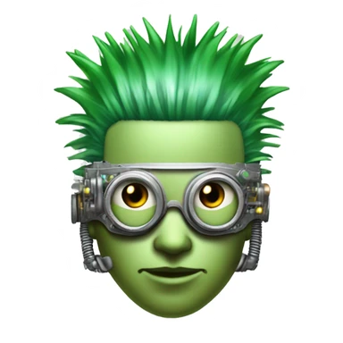 Green Mohawk hair male cyborg head with white steampunk goggles and circuits sticker