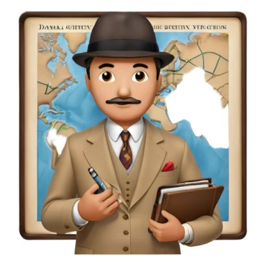 A cinematic-style frame showing Hercule Poirot in his iconic suit with a notebook in a dramatic detective pose. Background should be mysterious city, map, a board with photos of suspects, clues like fingerprints. Transparent background. sticker