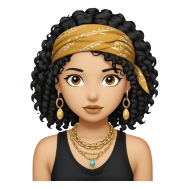 Baddie girl with black  tank top curly hairss and bandana and jwellery face only not body sticker