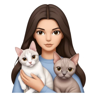 brunette Kendall Jenner with long hair holding on the hands a british white british cat and a grey Sphynx cat sticker