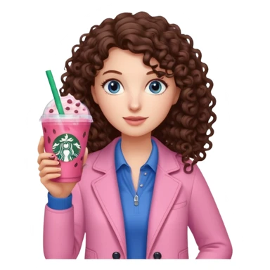 make an emoji of a curly brunette blue eye girl wearing light pink drinking a strawberry acai refresher from starbucks sticker