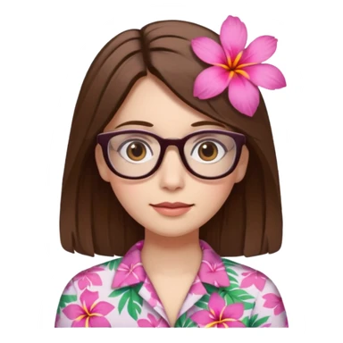 female with white skin. Shoulder length straight brown hair. Brown eyes with glasses. Hawaiian Flower in hair sticker