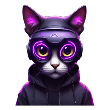 Russian cat wearing a black hoodie with "OMG" letters on it and VR headset in a cyberpunk VR environment with violet neon lighting. sticker