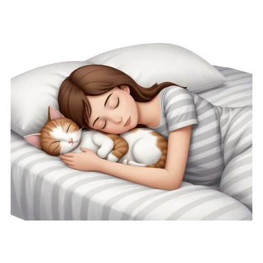 side view brown haired teenage girl sleeping with white cat that has grey-beige stripes on a white pillow with white sheets sticker