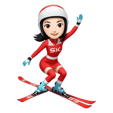 Ski racer downhill squat woman red white dress with the name Stephanie on the dress Ski Head lettering black hair smile sticker