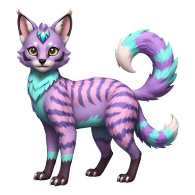 Colorful furry happy cute floofy pale minty lilac onyx fruity glorious exotic neon vibrant zigzagged fantasy-caracal-civet-genet-sergal-vernid-Gryphon-Cacomistle-Trico-oncilla-animal-Fakémon-hybrid-fursona (full body), facial markings, (realism style) sticker