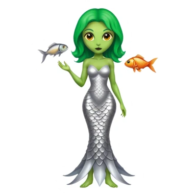 Green Alien woman with fish scales in silver dress, full figure, yellow eyes sticker