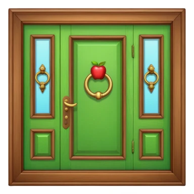 A wooden green door emoji in the style of Apple emoji with a handle, a window, and a knocker and a different color sticker