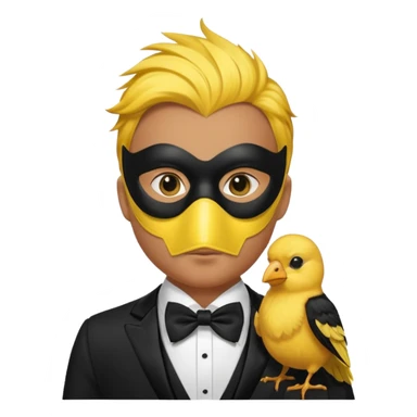 A man facing forward wearing a tuxedo with a mask depicting a yellow canary. sticker