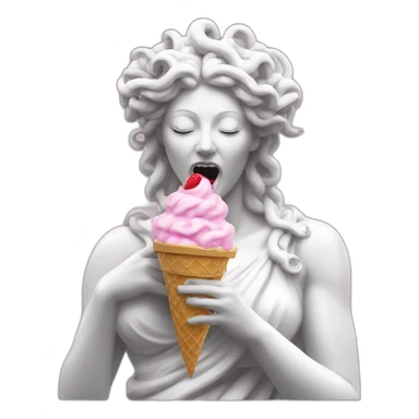 white statue of Medusa Gorgo eating pink ice cream sticker