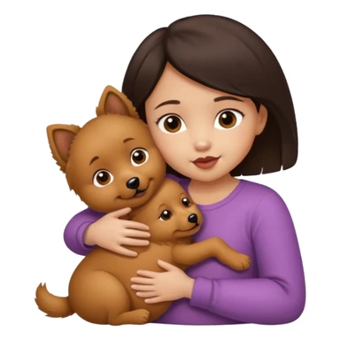 A baby girl with dark short hair and light skin with a nipple in her mouth in a hug with a brown dog spitz sticker