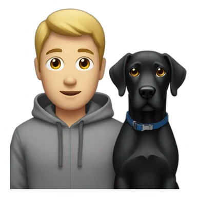a man in a grey hoodie standing next to a black Labrador sticker