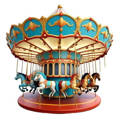 A top-down view of a whimsical carousel-inspired energy generator. The central canopy is circular and segmented like a circus tent roof, colored in alternating red and orange sections. Four identical golden-yellow cartoon horse heads with teal-blue manes are evenly spaced and rotated symmetrically around the center, like fan blades. The horses have friendly Pixar-style expressions and small colorful hats. The whole composition is enclosed in a thick, glossy golden ring, with soft lighting and smooth 3D shading in a vibrant Pixar-style aesthetic. Background is a clean soft gradient or plain color. sticker